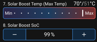 Solar Boost maximum temperature and Solar Boost SoC.