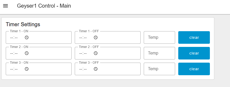 Node-RED dashboard timer settings with three empty slots.